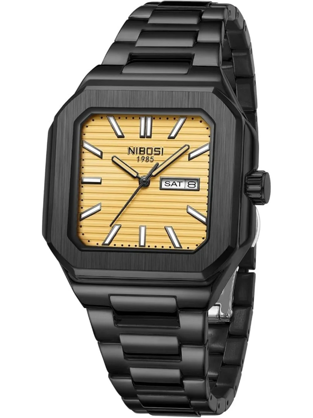 Men's Black Gold Square Analog Quartz Stainless Steel  Waterproof Wrist Watch